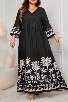 Black V Neck Flare Sleeves Printed Dress 