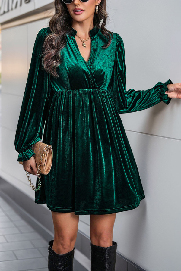 V Neck Smocked Velvet Dress 