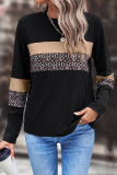 Khaki Leopard Colorblock Patchwork Crew Neck Long Sleeve Tee