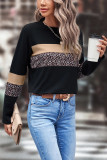 Khaki Leopard Colorblock Patchwork Crew Neck Long Sleeve Tee