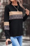 Khaki Leopard Colorblock Patchwork Crew Neck Long Sleeve Tee