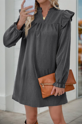 Grey Ruffle Puff Sleeves Dress 