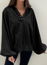 Black Solid Snap Buttons Collared Balloon Sleeve Oversized Sweatshirt