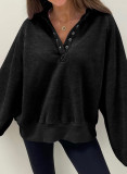 Black Solid Snap Buttons Collared Balloon Sleeve Oversized Sweatshirt