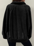Black Solid Snap Buttons Collared Balloon Sleeve Oversized Sweatshirt