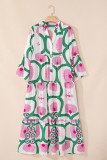 Pink Boho Floral Printed Long Sleeve Buttoned Loose Maxi Dress