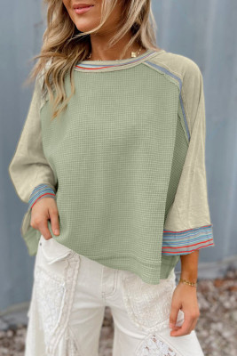 Meadow Mist Green Waffle Knit Wide Bracelet Sleeve Patchwork Raglan Top