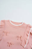 Light Pink Ruffled Bowknot Ribbed Trim Long Sleeve Sweater