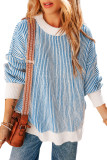 Dark Blue Striped Textured Knit Contrast Edge Loose Sweater