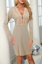 Lace Flower Ribbed Knitting Dress 