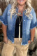 Peacock Blue Ruffled Frayed Short Sleeve Plus Size Denim Jacket