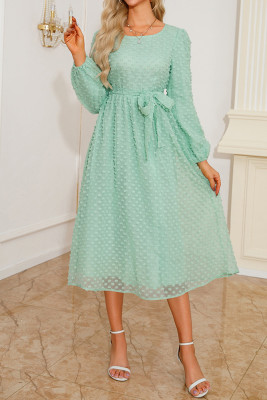 Swiss Dot Tie Waist Puff Sleeves Dress 