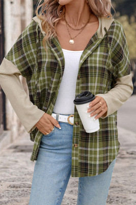 Green Plaid Colorblock Hooded Shirt 