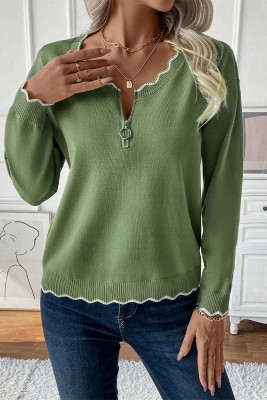 Green Half Zipper Wavy Hem Sweater 