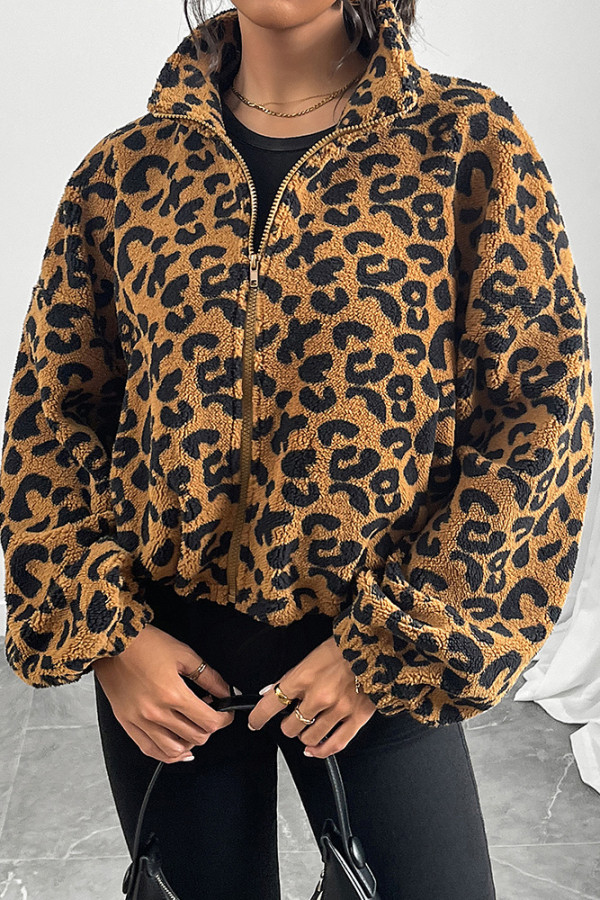 Leopard Fleece Zipper Coat 