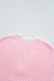 Pink Ribbed Knit Scalloped Edge Side Pockets Buttoned Cardigan