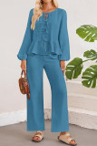 Solid Color Lace Up Ruffle Top and Wide Leg Pants Set 