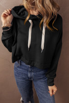 Black Solid Drop Shoulder Drawstring Cropped Hoodie