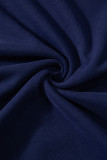 Navy Blue Solid O Neck High Low Hem Pullover Sweatshirt
