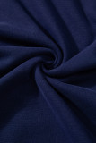Navy Blue Solid O Neck High Low Hem Pullover Sweatshirt