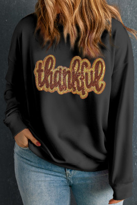 Black Sequin thankful graphic Plus Size Drop Shoulder Sweatshirt