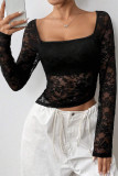 Black Lace U Neck Slim Top 