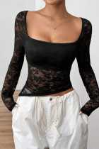 Black Lace U Neck Slim Top 