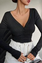 Black V Neck Long Sleeves Ribbed Knitting Top 