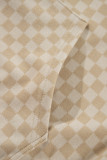 Khaki Checkered Print Kangaroo Pocket Drawstring Hoodie