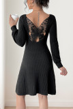 Black Square Neck Ribbed Knitting Dress 