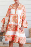 Orange Geometric Print Ruffle Tiered Button V Neck Dress