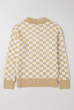 Apricot Checkered Buttons Collar V Neck Drop Shoulder Sweater