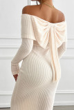 Apricot Off Shoulder Bowknot Knitting Dress 