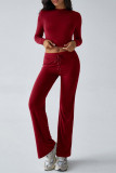 Solid Color Long Sleeves Top and Pants Two Pieces Set 