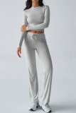 Solid Color Long Sleeves Top and Pants Two Pieces Set 