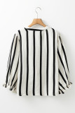 Black Stripe Crinckled Ruffled Sleeve Button up Loose Shirt