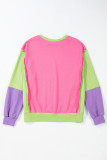 Pink Colorblock Exposed Seam Crewneck Casual Sweatshirt