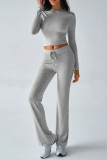 Solid Color Long Sleeves Top and Pants Two Pieces Set 