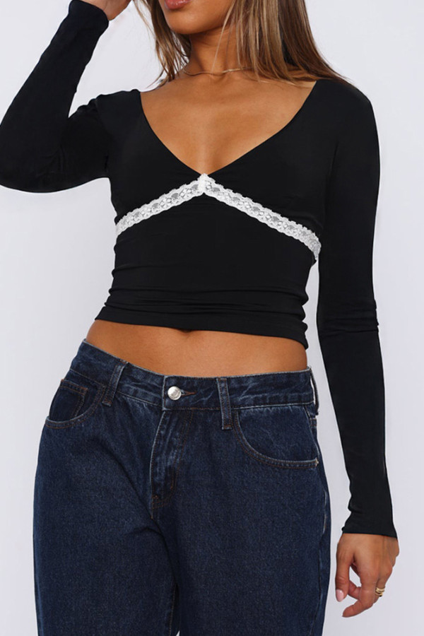 Black Long Sleeves Lace Splicing Top 