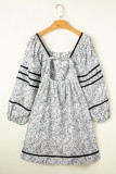 Gray Floral Print Open Back Balloon Sleeve Square Neck Mini Dress