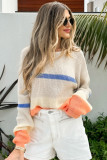 Beige Colorblock Striped Drop Shoulder Cozy Sweater