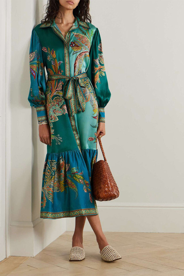 Green Paisley Splicing Lantern Sleeves Dress 