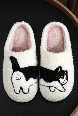Cute Cat Embroidery Fleece Slipper 