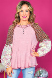 Pink Checkered Paisley Patchwork Raglan Sleeve Seamed Plus Size Top