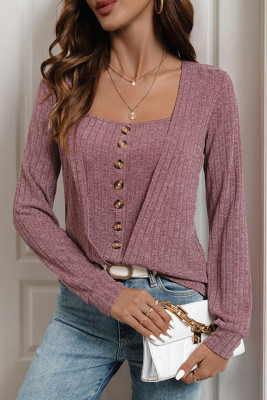 Ribbed Knitting Buttoned Long Sleeves Top 