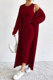 Wine Red Ribbed Knitting Two Pieces Set 