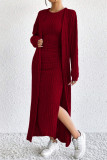Wine Red Ribbed Knitting Two Pieces Set 