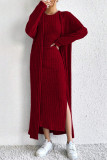 Wine Red Ribbed Knitting Two Pieces Set 
