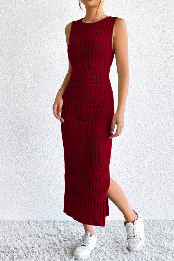 Wine Red Ribbed Knitting Two Pieces Set 
