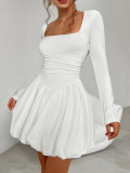 White Square Neck Smocked Dress 